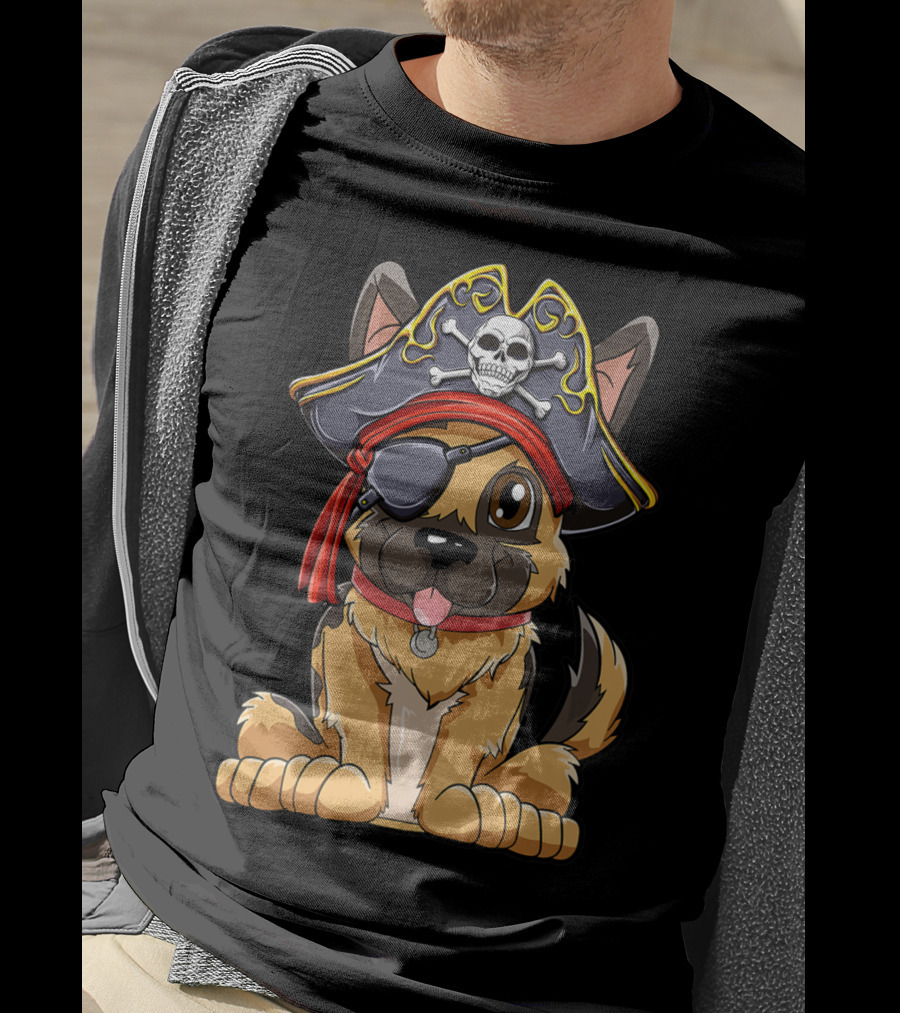 German Shepherd Pirate With Jolly Roger Skull Crossbones And Eyepatch T-Shirt