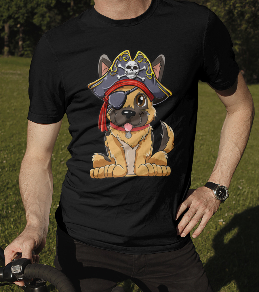 German Shepherd Pirate With Jolly Roger Skull Crossbones And Eyepatch T-Shirt