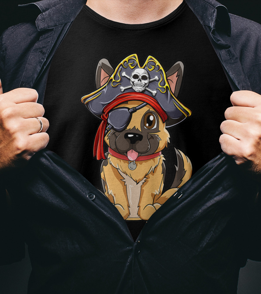 German Shepherd Pirate With Jolly Roger Skull Crossbones And Eyepatch T-Shirt