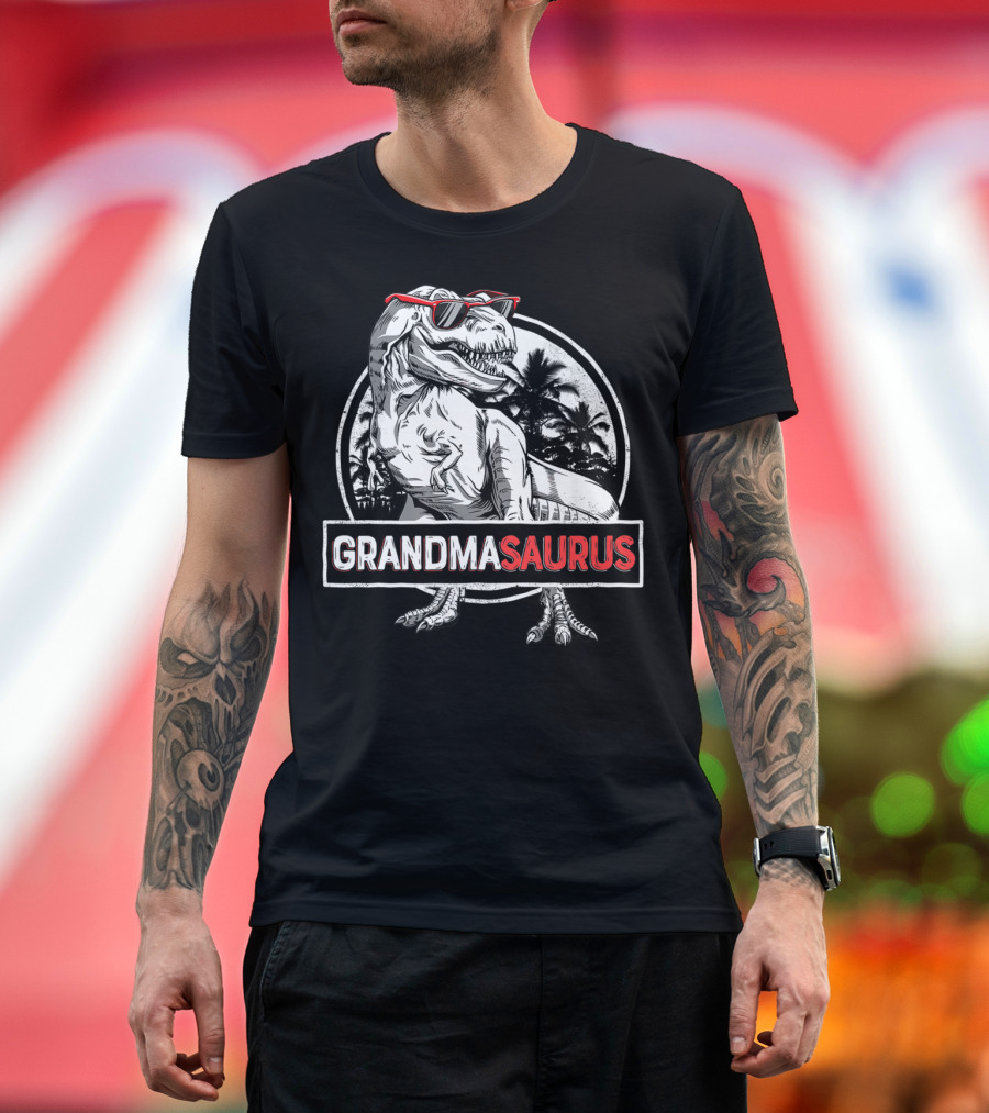 Grandmasaurus Rex Dinosaur Vintage Palm Trees Sunglasses T-Shirt