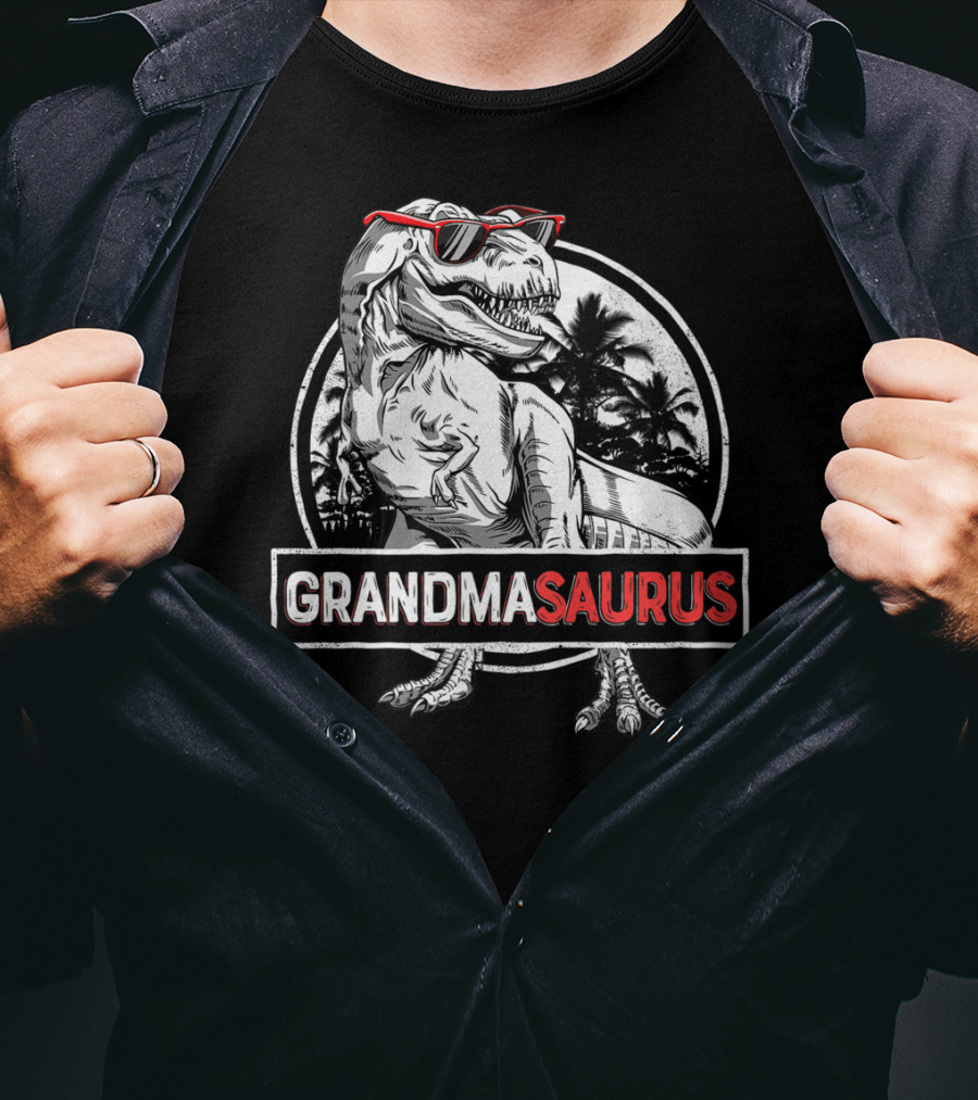 Grandmasaurus Rex Dinosaur Vintage Palm Trees Sunglasses T-Shirt