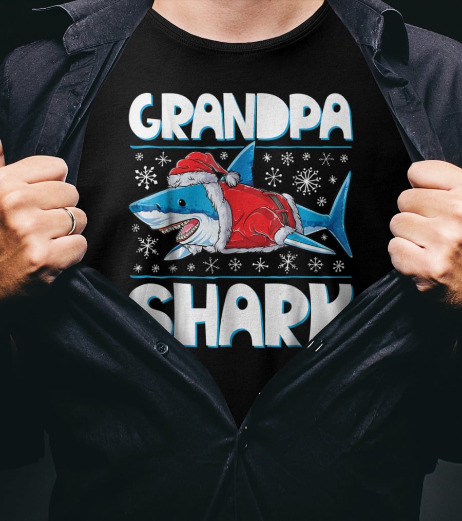 Grandpa Shark Santa With Snowflakes T-Shirt