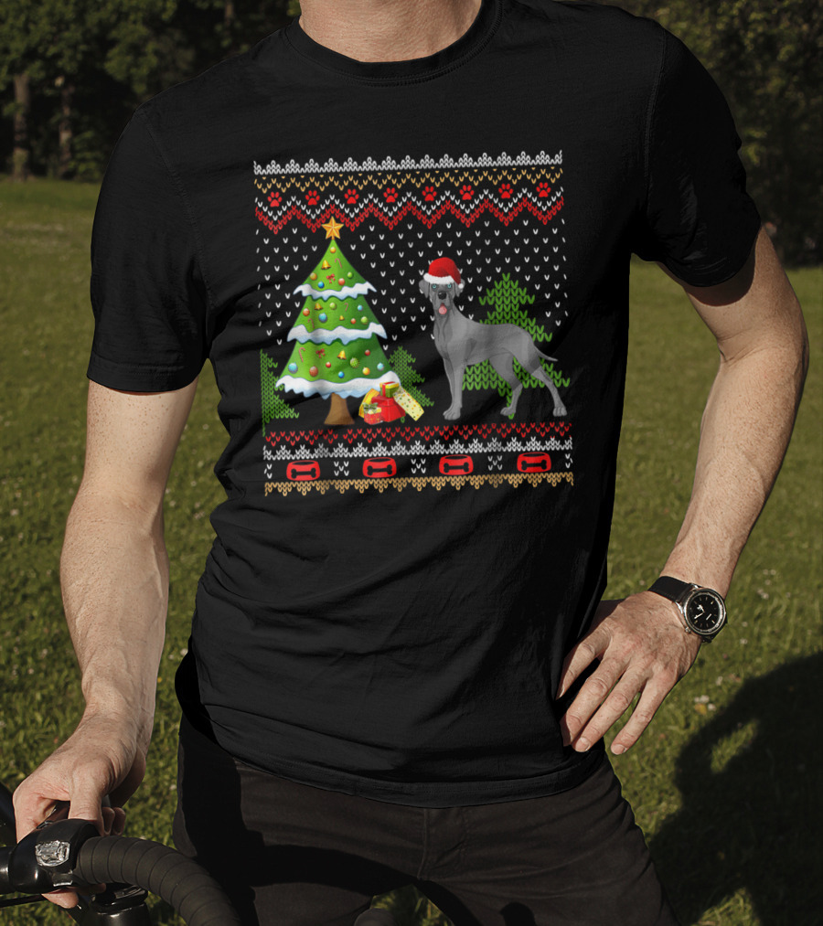 Great Danes Santa Christmas UglyDog Holiday Sweater Tree Present T-Shirt