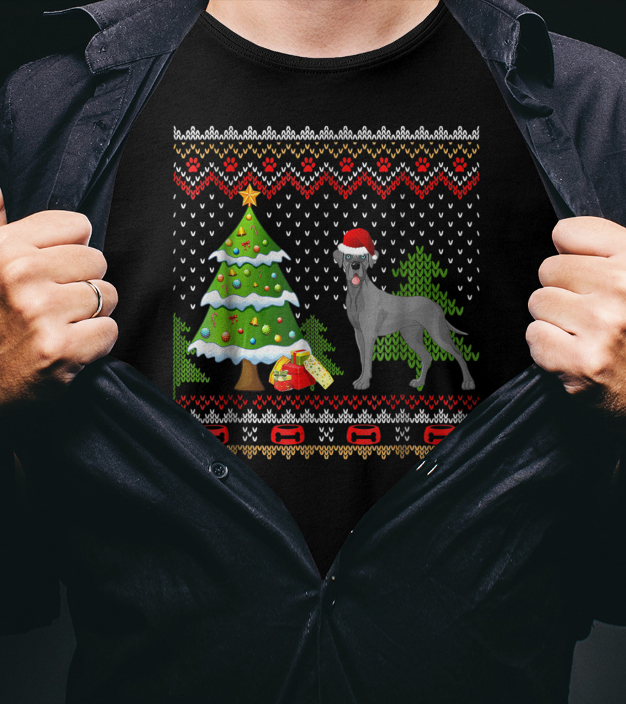 Great Danes Santa Christmas UglyDog Holiday Sweater Tree Present T-Shirt