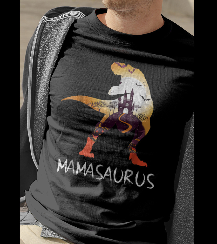 Mamasaurus Halloween Castle Bats T-Rex Scene T-Shirt