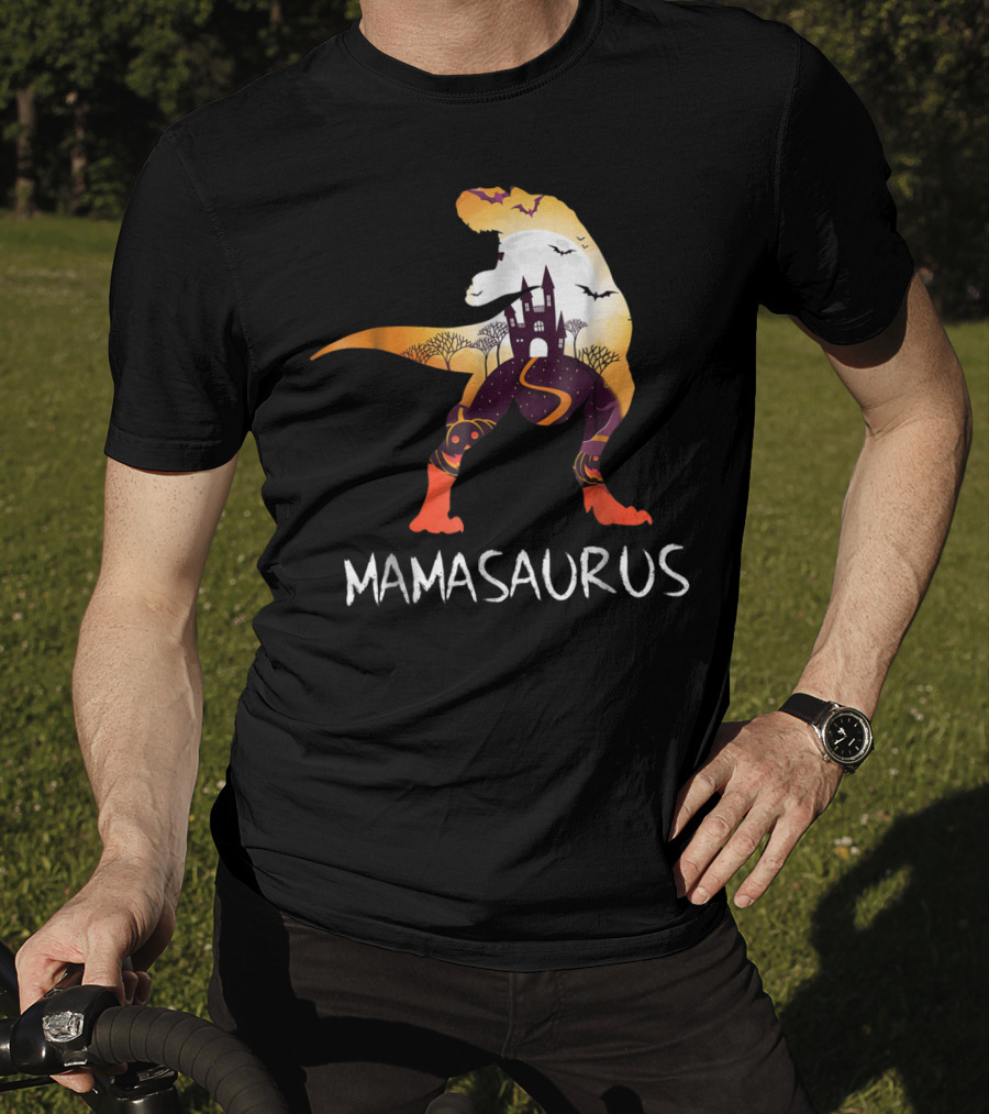Mamasaurus Halloween Castle Bats T-Rex Scene T-Shirt