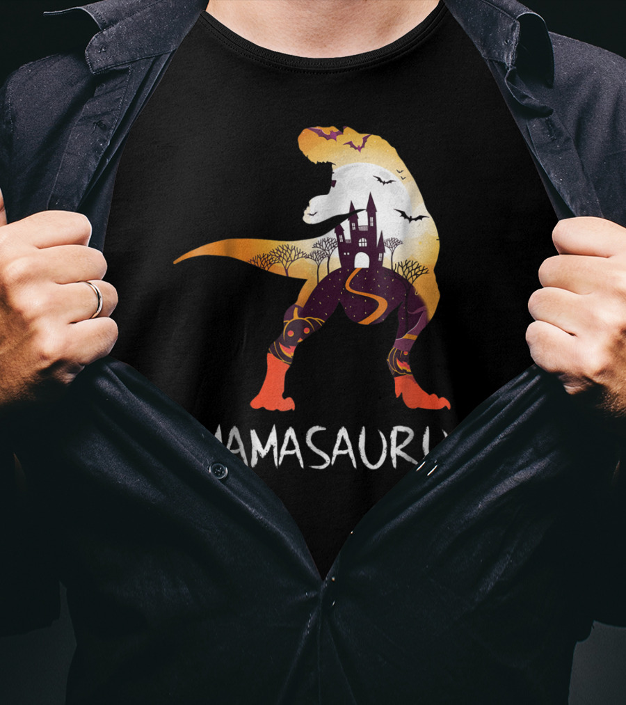 Mamasaurus Halloween Castle Bats T-Rex Scene T-Shirt