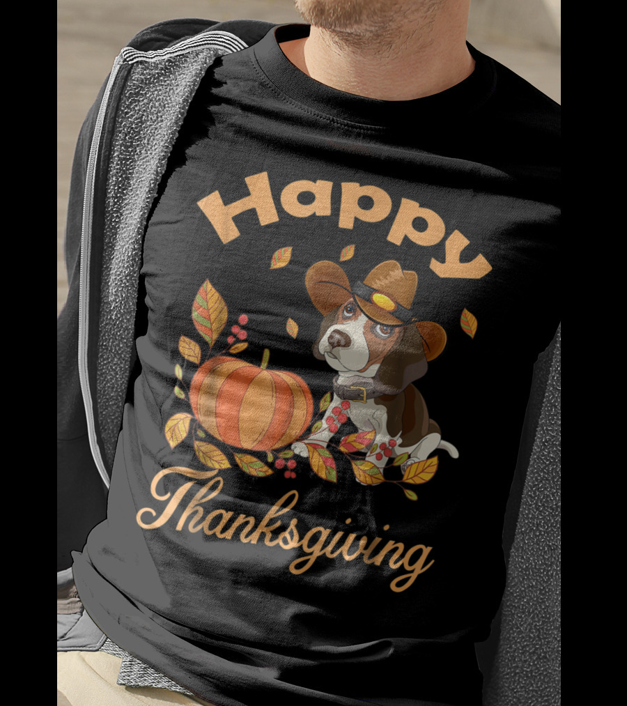 Happy Thanksgiving Beagles Pilgrim Pumpkin And Leaves T-Shirt
