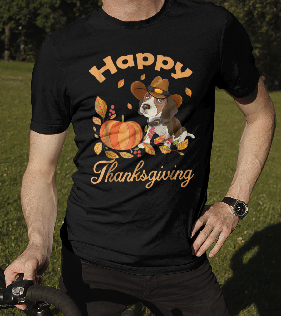 Happy Thanksgiving Beagles Pilgrim Pumpkin And Leaves T-Shirt