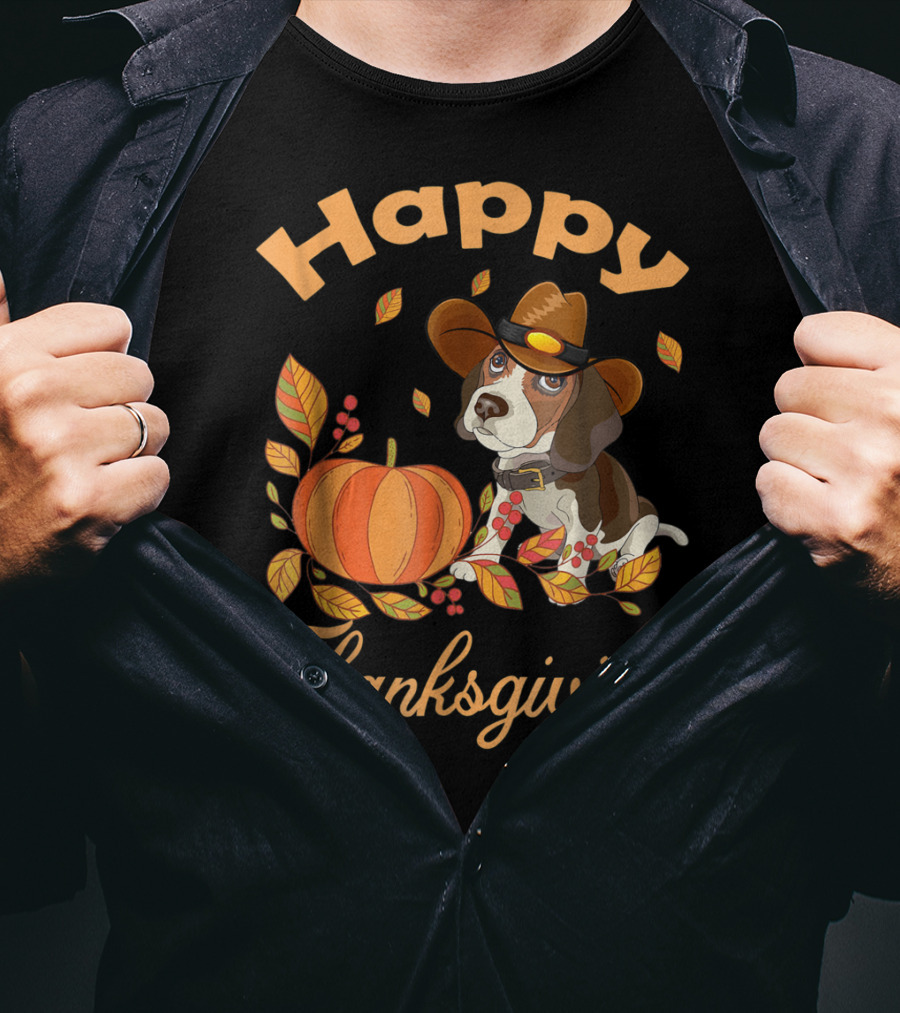 Happy Thanksgiving Beagles Pilgrim Pumpkin And Leaves T-Shirt