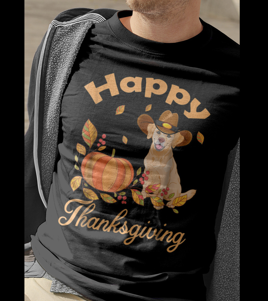 Happy Thanksgiving Golden Retriever With Pumpkin And Leaves T-Shirt