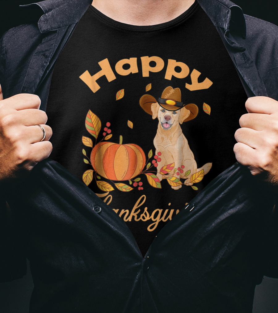 Happy Thanksgiving Golden Retriever With Pumpkin And Leaves T-Shirt