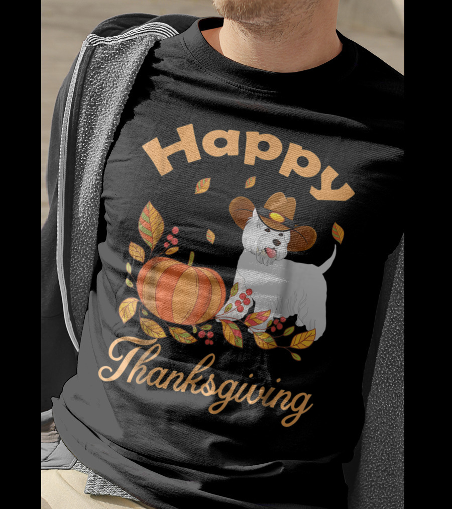 Happy Thanksgiving Westie Pilgrim Dog With Pumpkin And Leaves T-Shirt