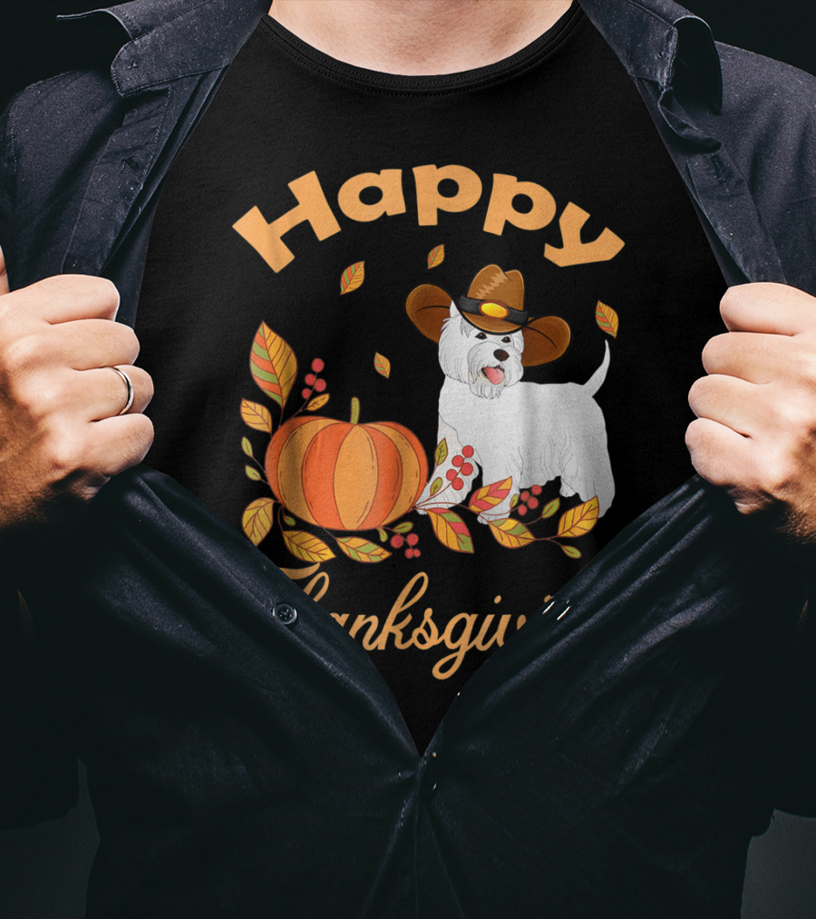 Happy Thanksgiving Westie Pilgrim Dog With Pumpkin And Leaves T-Shirt