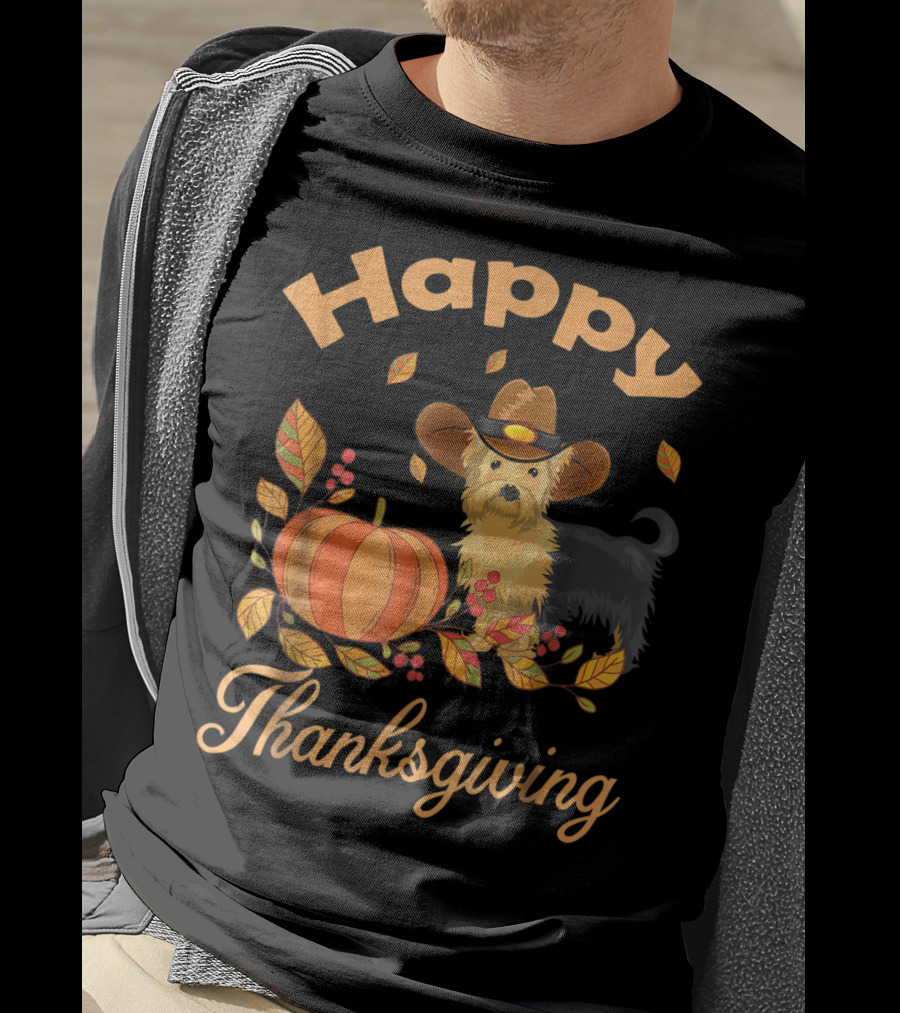 Happy Thanksgiving Yorkie With Pilgrim Hat And Autumn Pumpkin Leaves T-Shirt