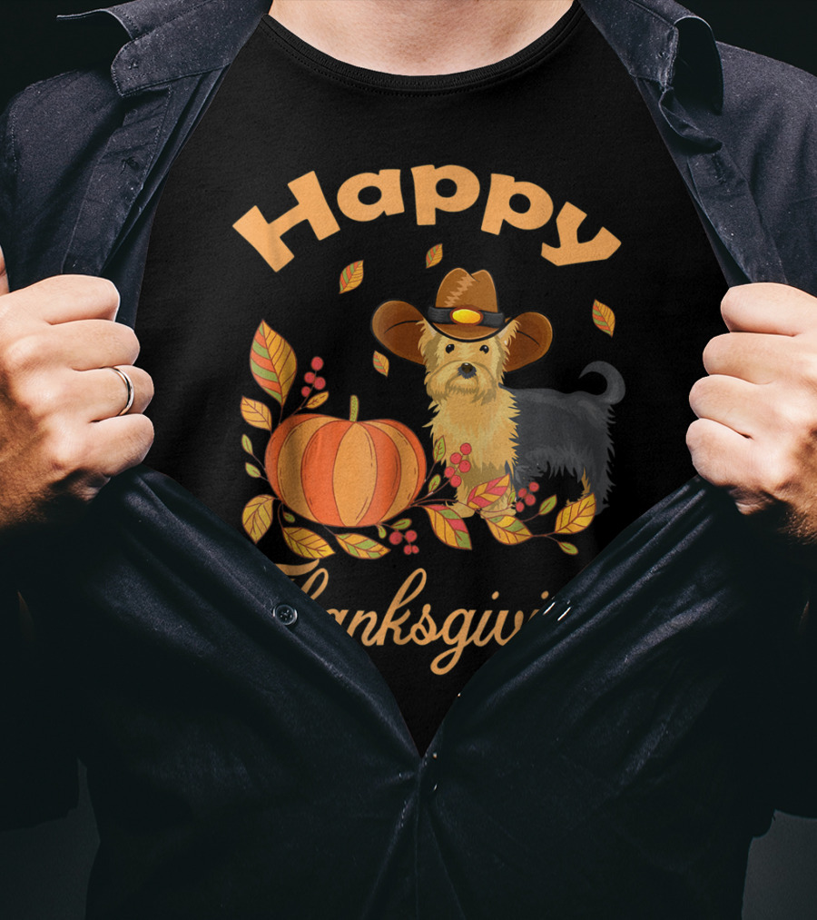 Happy Thanksgiving Yorkie With Pilgrim Hat And Autumn Pumpkin Leaves T-Shirt