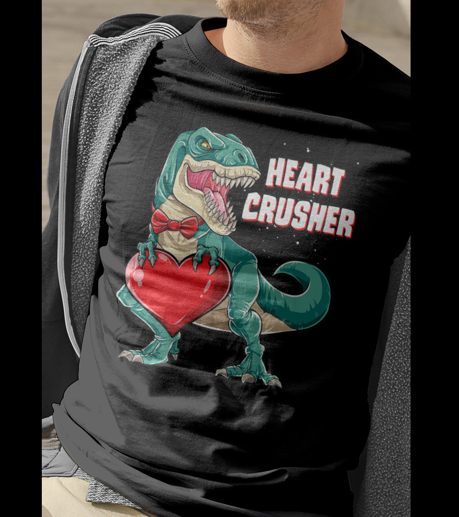 Heart Crusher Valentines Day Dinosaur Rex Bowtie Holding Heart T-Shirt