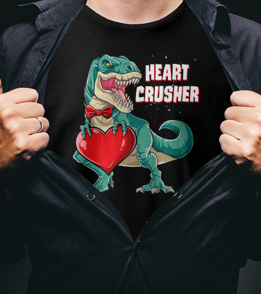 Heart Crusher Valentines Day Dinosaur Rex Bowtie Holding Heart T-Shirt