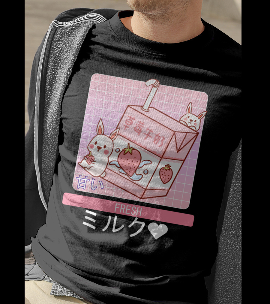 Fresh  Strawberry Milk Carton With Cute Bunny Aesthetic T-Shirt