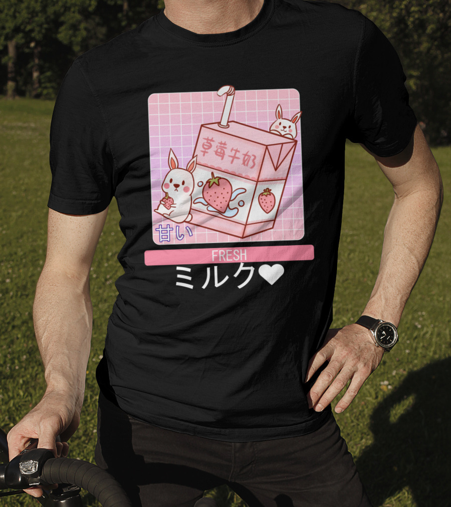 Fresh  Strawberry Milk Carton With Cute Bunny Aesthetic T-Shirt