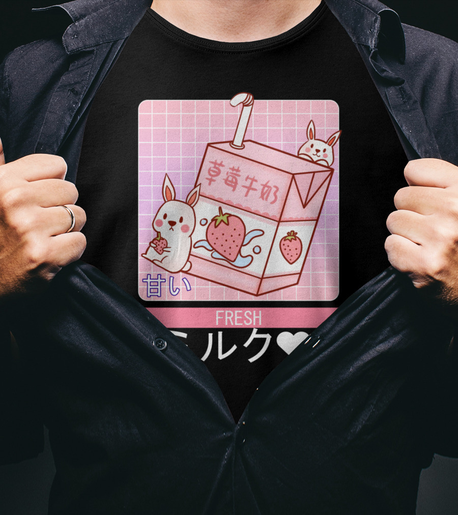 Fresh  Strawberry Milk Carton With Cute Bunny Aesthetic T-Shirt