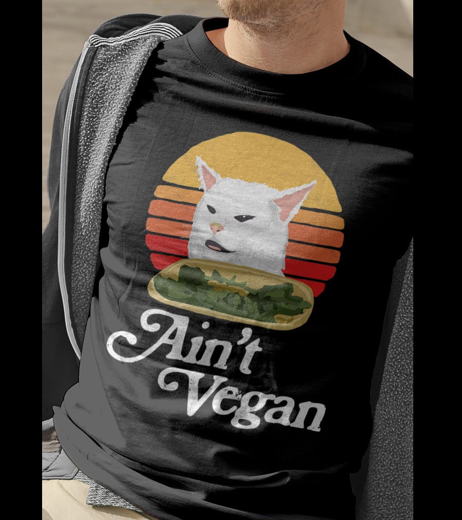 Ain't Vegan Arguing White Cat Retro Sunset T-Shirt