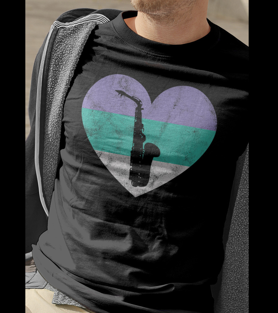 Heart With Alto Saxophone Silhouette And Pastel Stripes T-Shirt