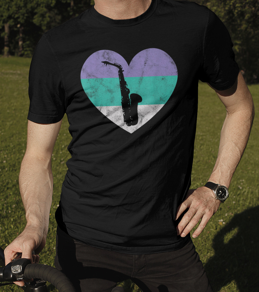 Heart With Alto Saxophone Silhouette And Pastel Stripes T-Shirt