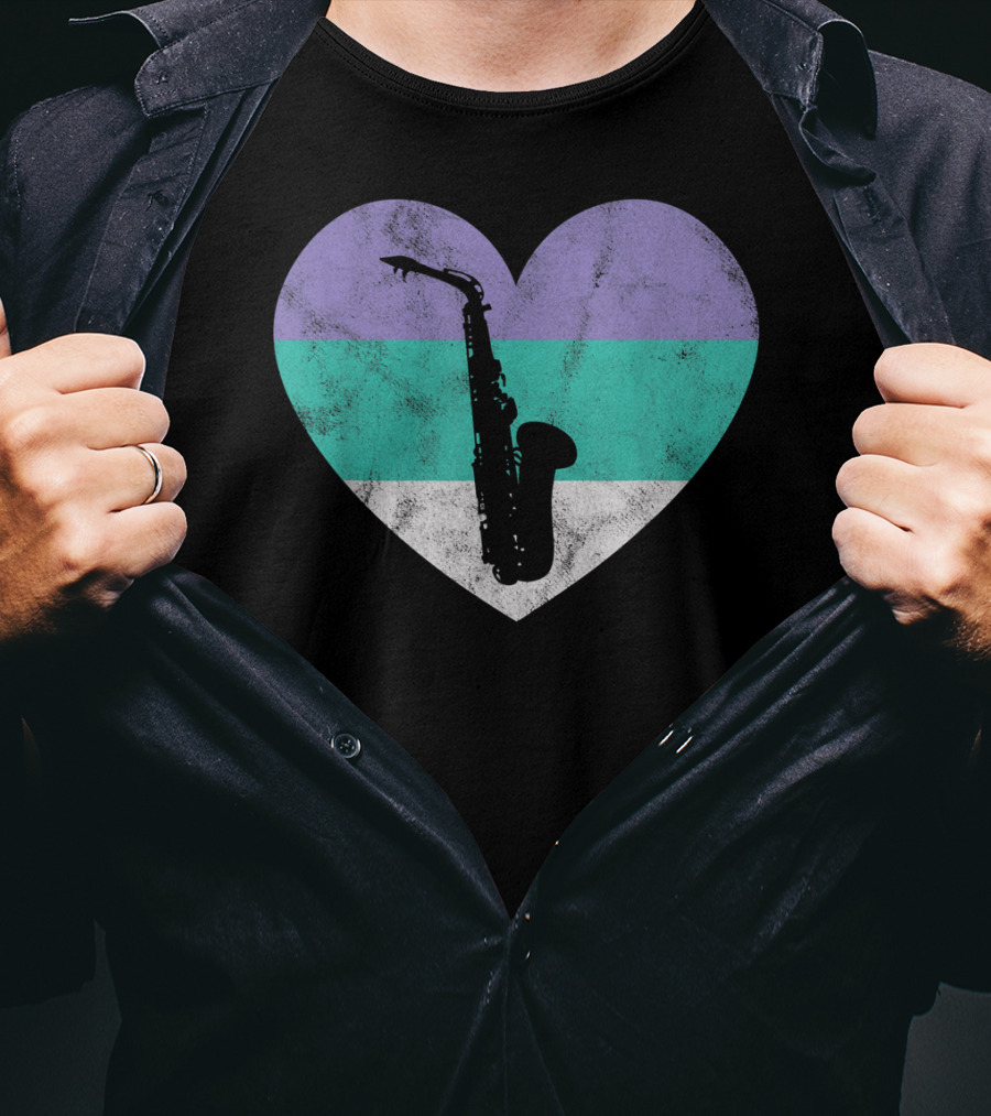 Heart With Alto Saxophone Silhouette And Pastel Stripes T-Shirt