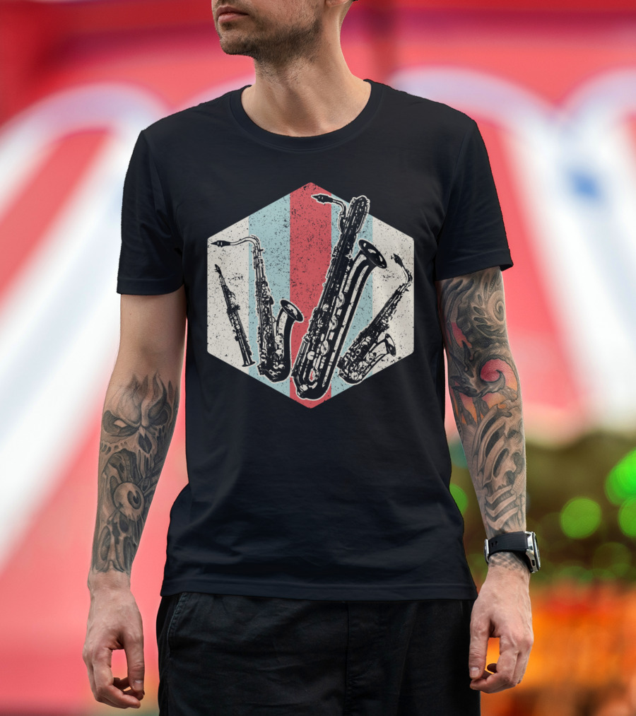 Alto Tenor Soprano Baritone Saxophone Sax Retro Hexagon T-Shirt