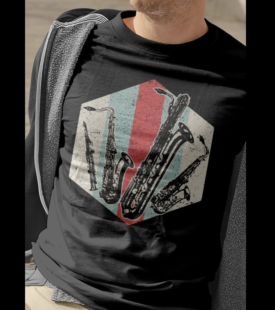 Alto Tenor Soprano Baritone Saxophone Sax Retro Hexagon T-Shirt