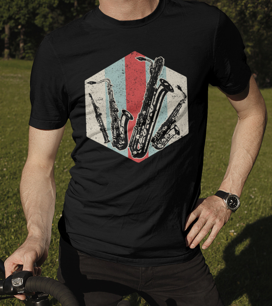 Alto Tenor Soprano Baritone Saxophone Sax Retro Hexagon T-Shirt