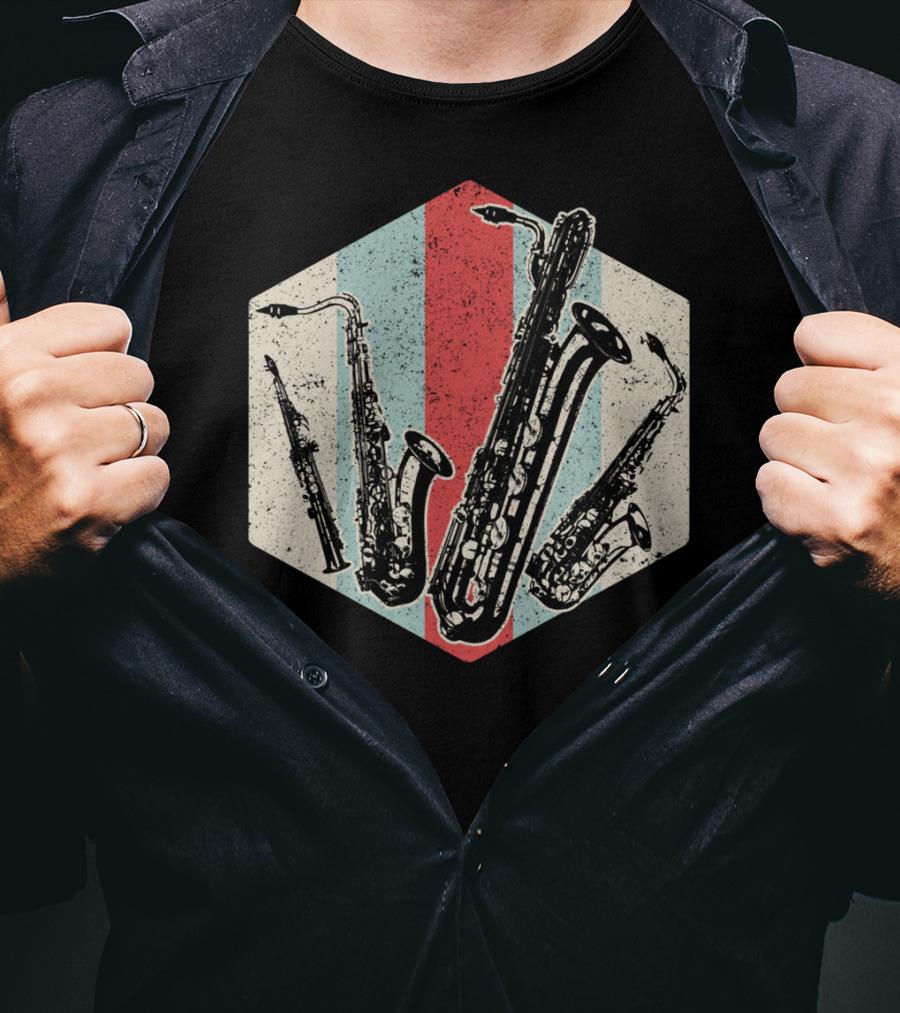Alto Tenor Soprano Baritone Saxophone Sax Retro Hexagon T-Shirt