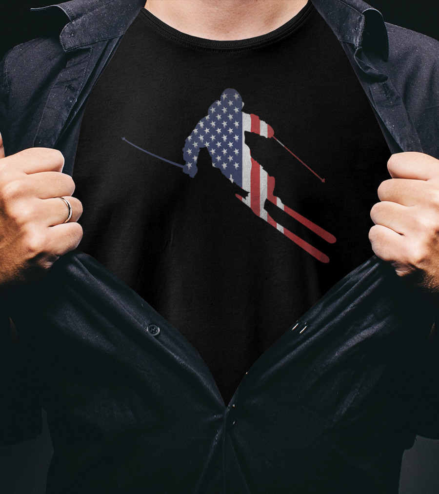 American Flag Skiing Silhouette For US Skiers T-Shirt