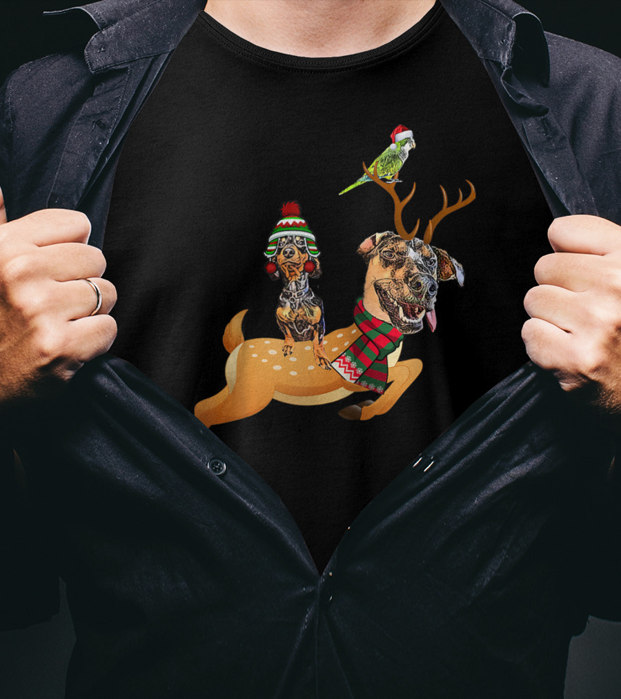 At's Andy And Thanri Reindeer Dog Duo With Santa Parrot T-Shirt