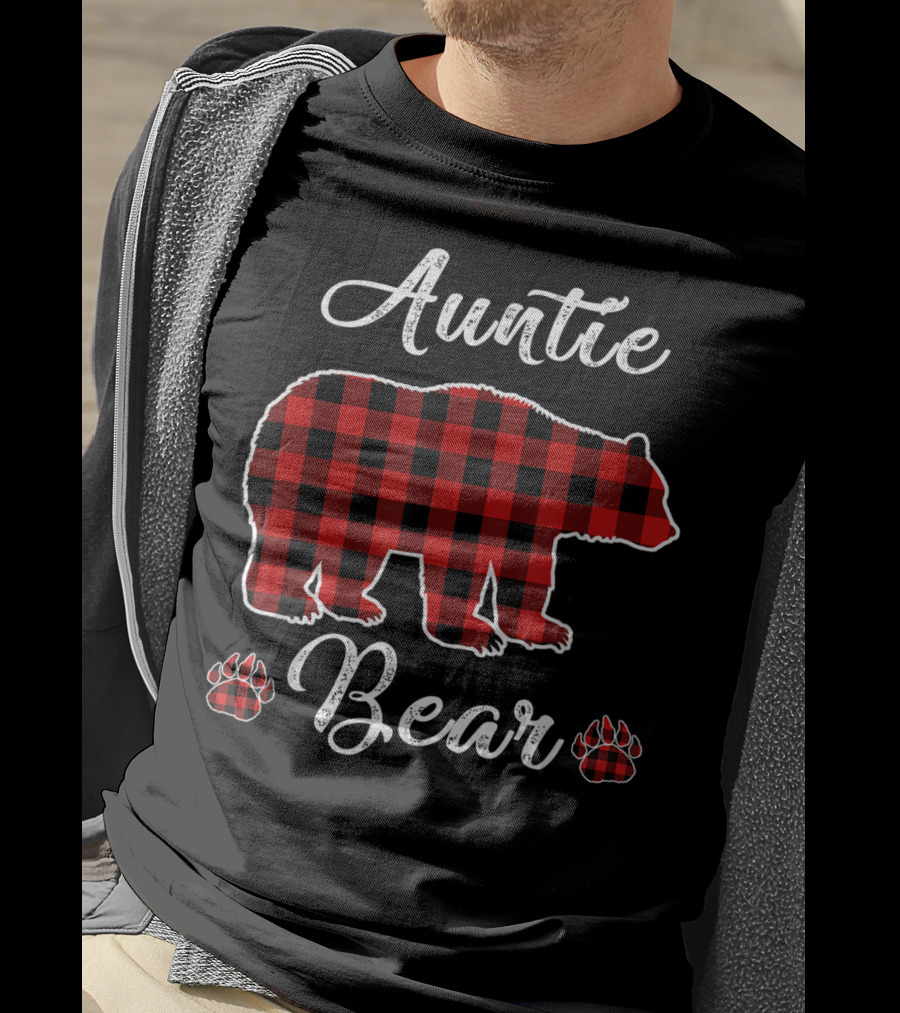 Auntie Bear Red Plaid Buffalo Christmas T-Shirt