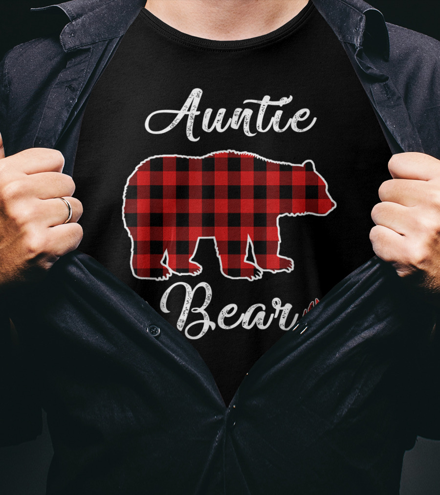 Auntie Bear Red Plaid Buffalo Christmas T-Shirt