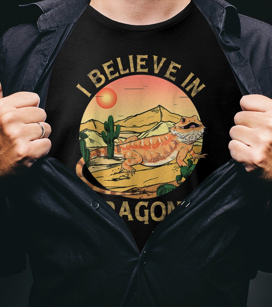 I Believe In Dragons Bearded Cactus Desert Sunset T-Shirt
