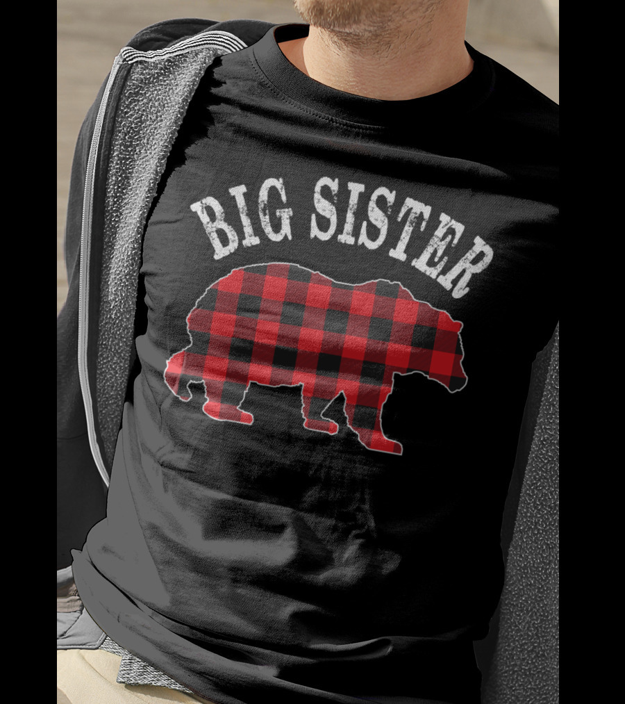 Big Sister Bear Red Black Buffalo Plaid T-Shirt