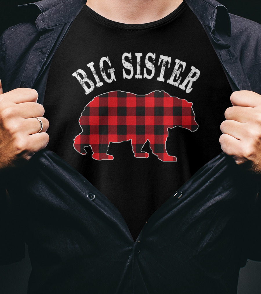 Big Sister Bear Red Black Buffalo Plaid T-Shirt
