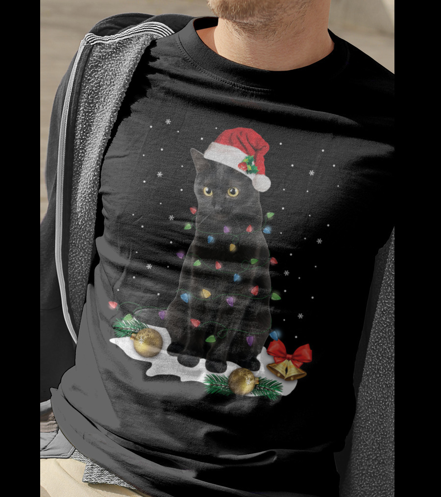 Black Cat Santa Christmas Lights Funny Cat Dad Festive Holiday T-Shirt