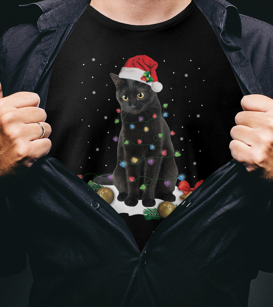 Black Cat Santa Christmas Lights Funny Cat Dad Festive Holiday T-Shirt