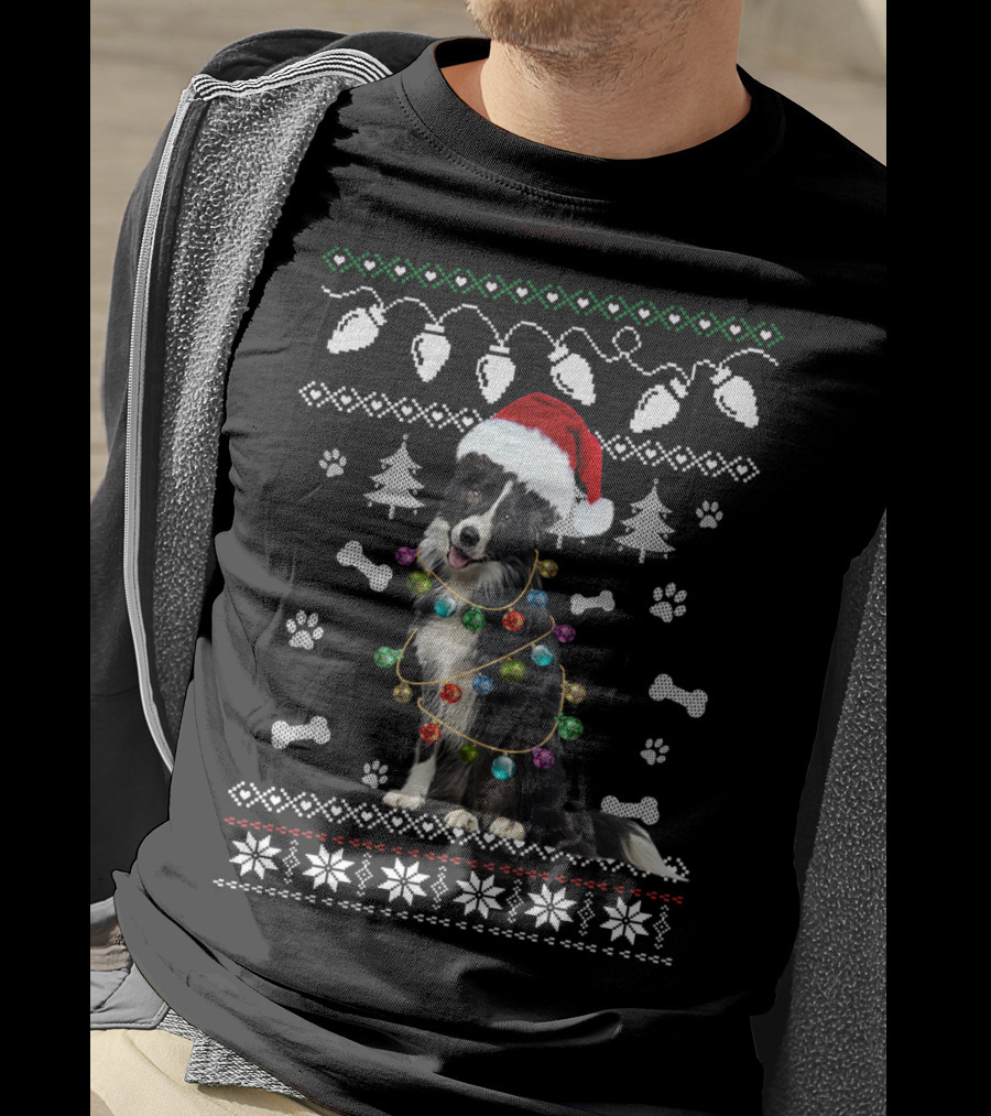 Border Collie Christmas Lights Santa Hat Paw Prints Festive T-Shirt
