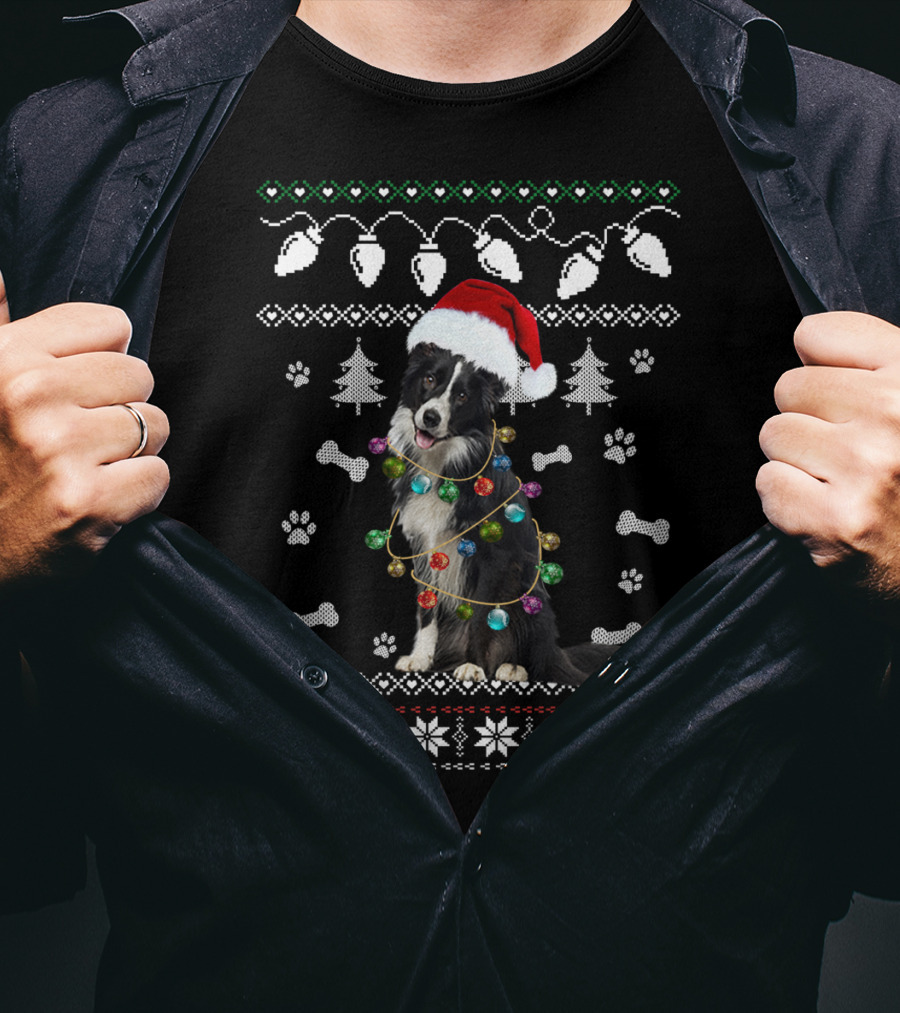 Border Collie Christmas Lights Santa Hat Paw Prints Festive T-Shirt