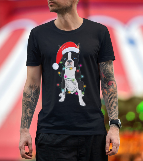 Premium T-Shirt: Boston Terrier Wrapped in Christmas Lights with Santa Hat T-Shirt Boston Terrier Wrapped in Christmas Lights with Santa Hat T-Shirt