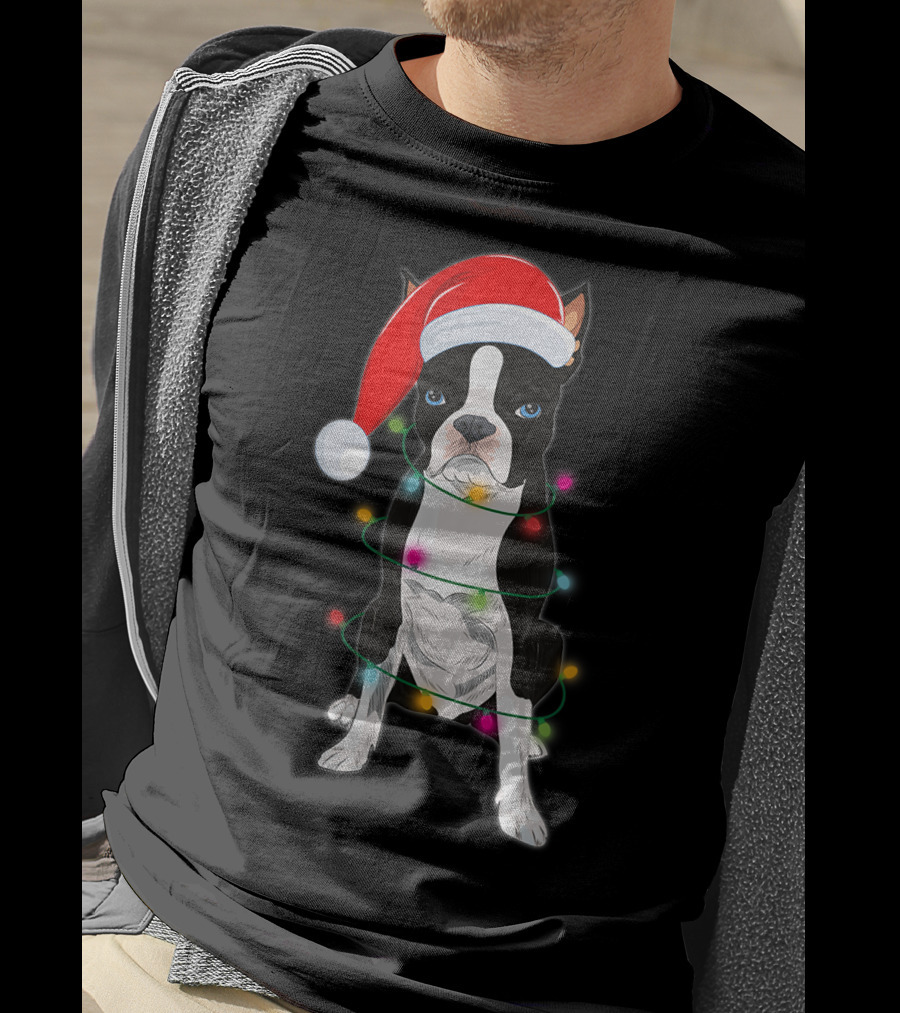 Boston Terrier Wrapped In Christmas Lights With Santa Hat T-Shirt