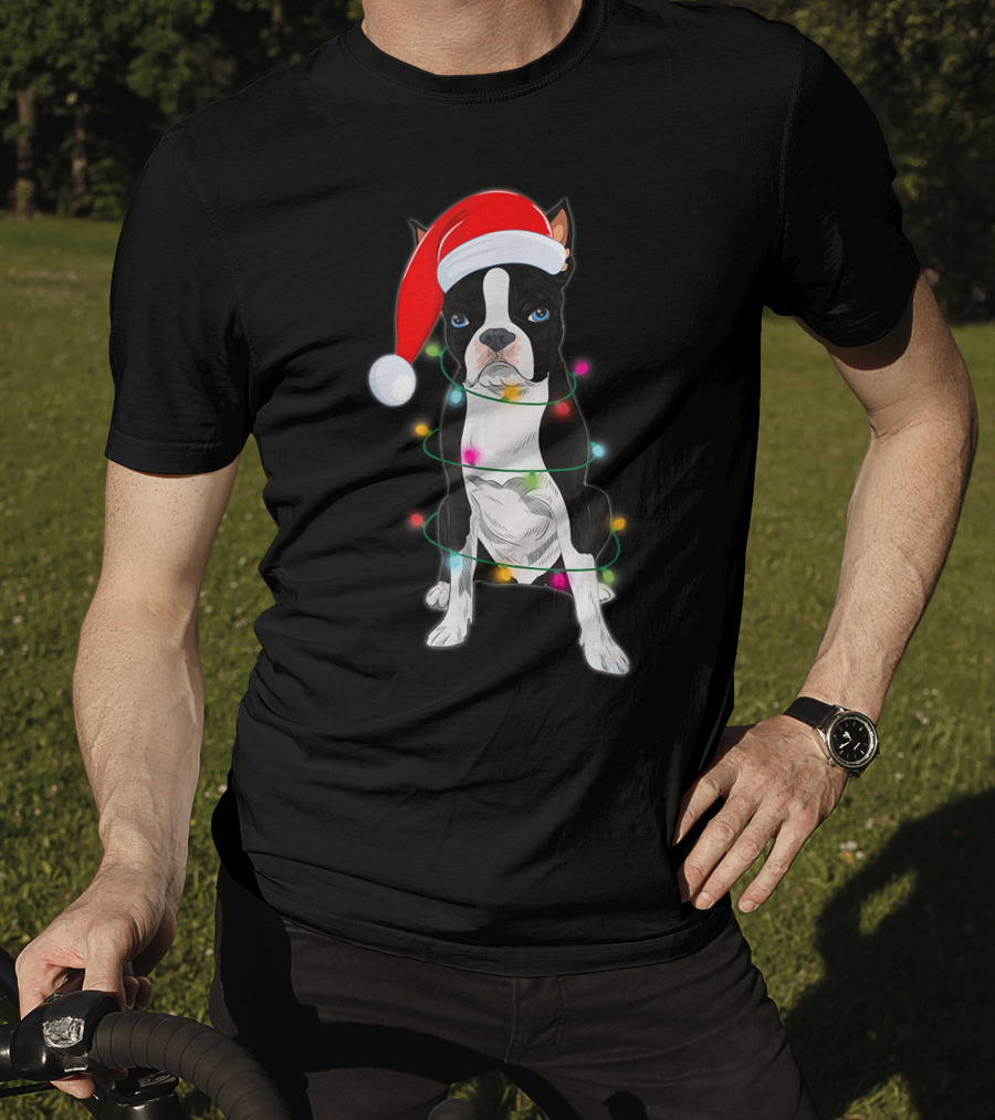 Boston Terrier Wrapped In Christmas Lights With Santa Hat T-Shirt