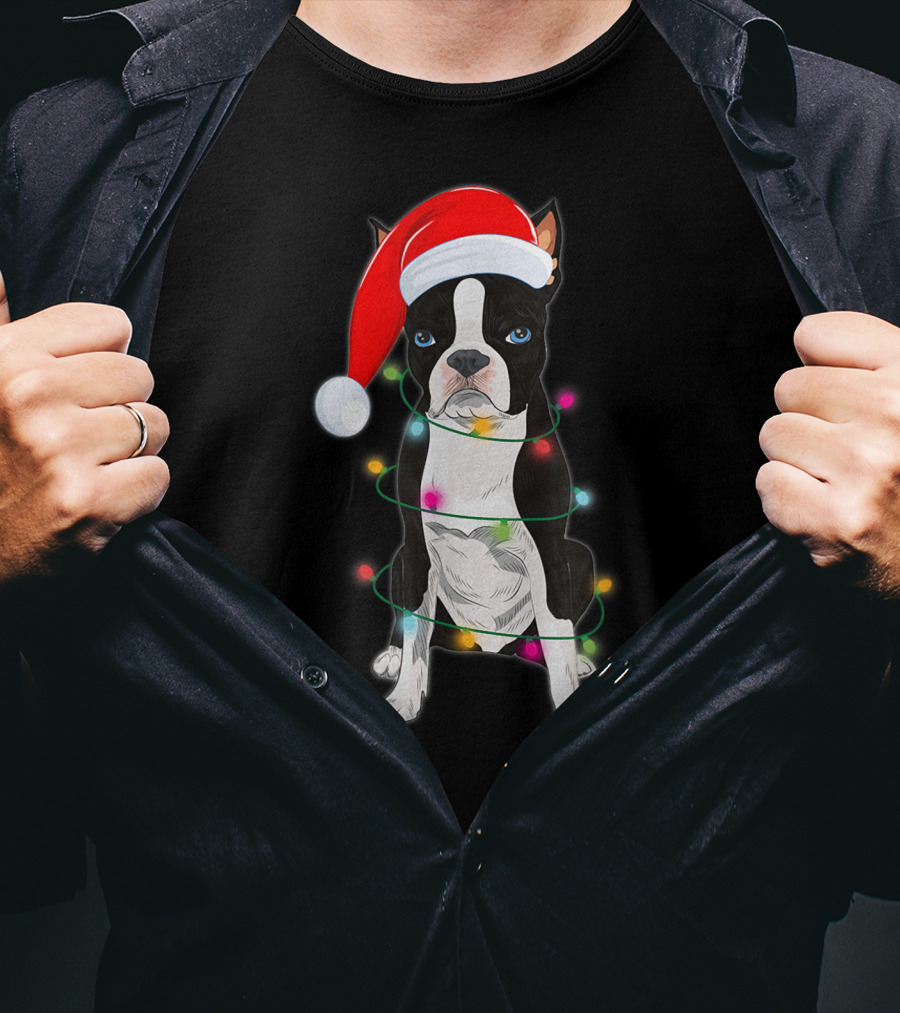Boston Terrier Wrapped In Christmas Lights With Santa Hat T-Shirt