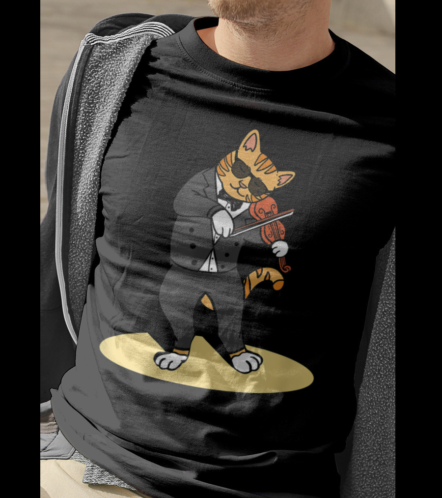 Cat Playing Violin Orchestra Kitten In Tuxedo With Sunglasses T-Shirt