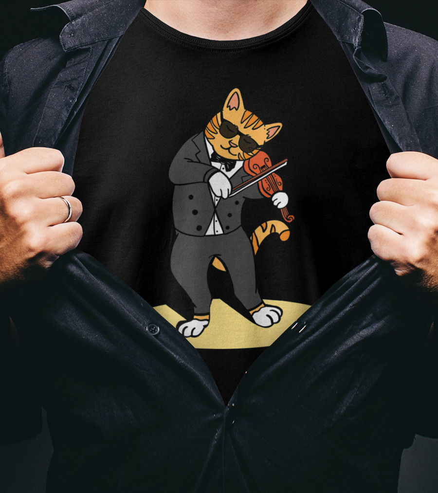 Cat Playing Violin Orchestra Kitten In Tuxedo With Sunglasses T-Shirt